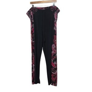 Susan Graver Plus Black Paisley Printed Liquid Knit Wide Leg Pants Berry Size 2X